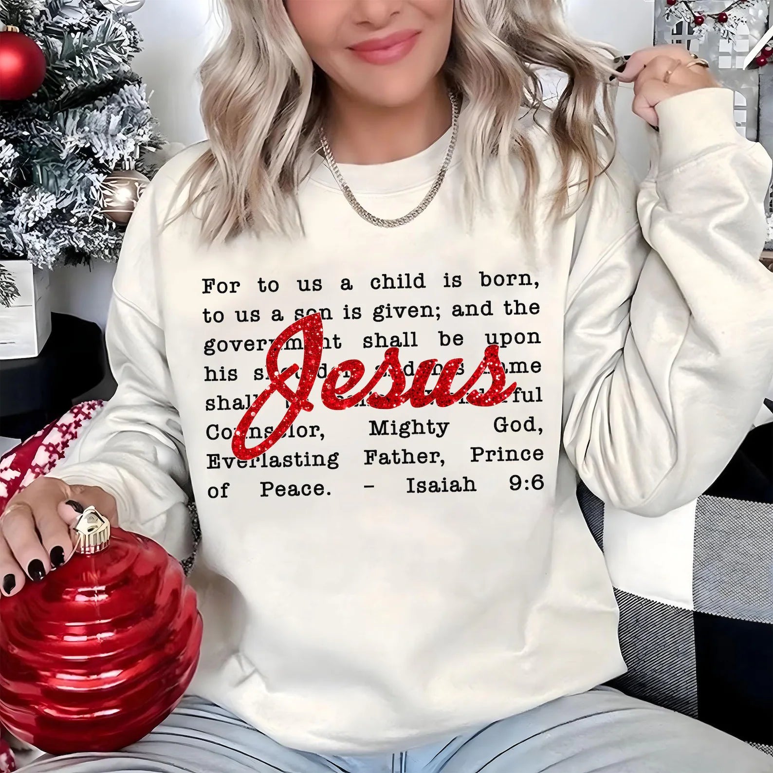 Red Glitter Jesus Christmas Graphic T-Shirt
