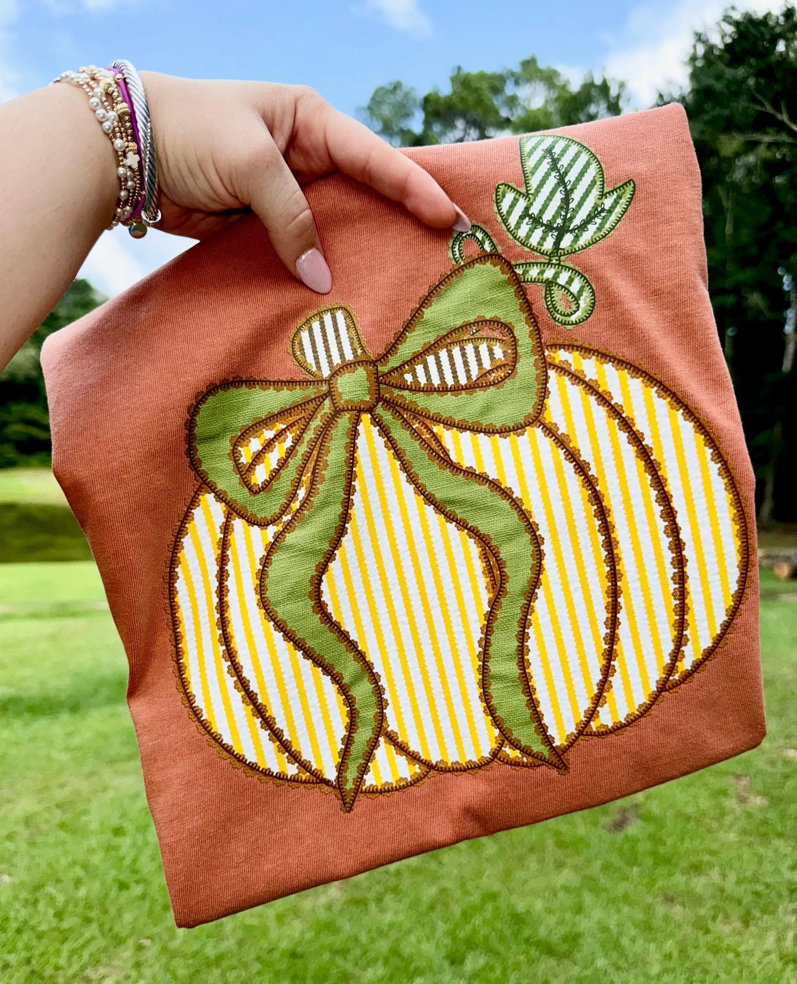 Green & Yellow Stripe Pumpkin Graphic T-Shirt