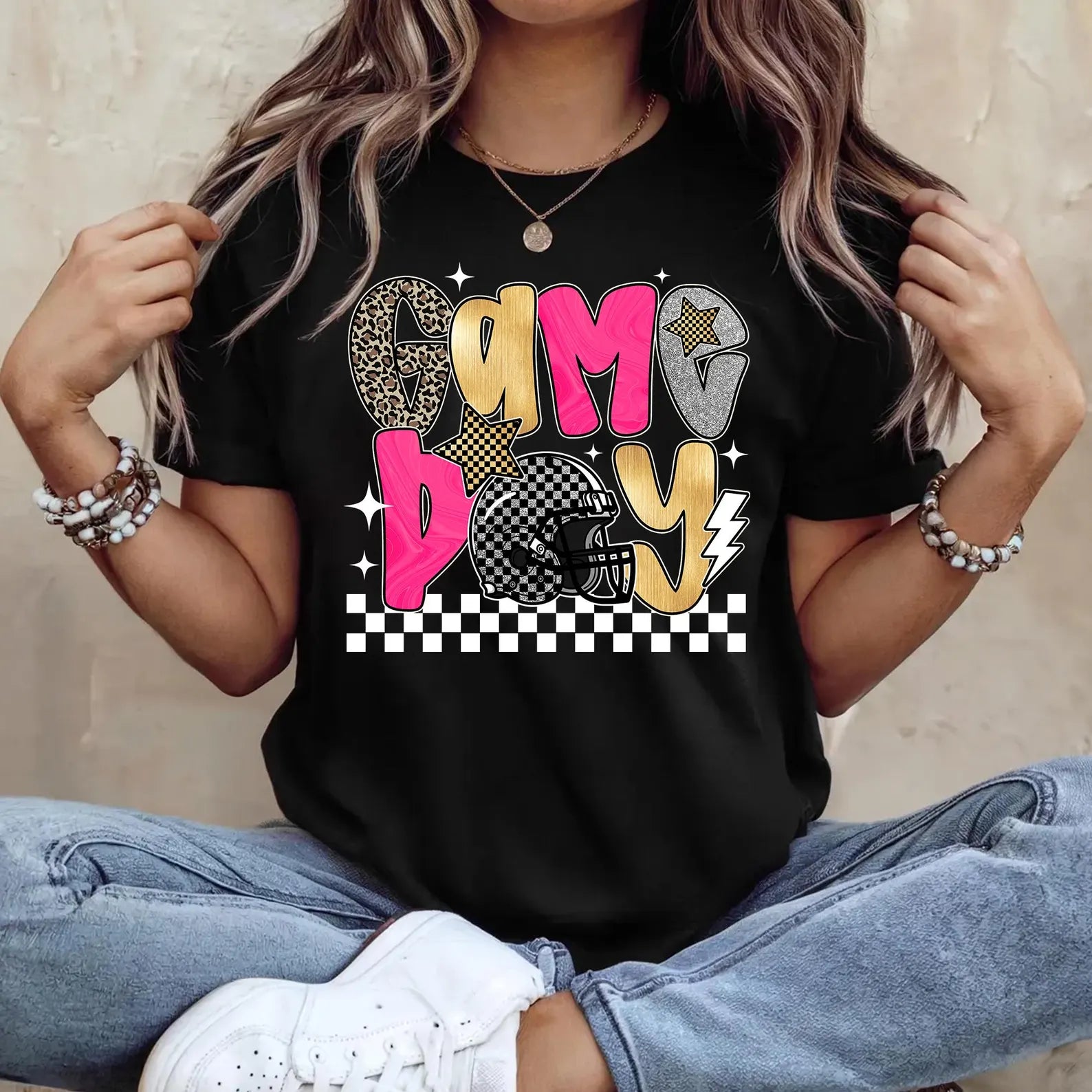 Pink & Gold Checker Football Game Day