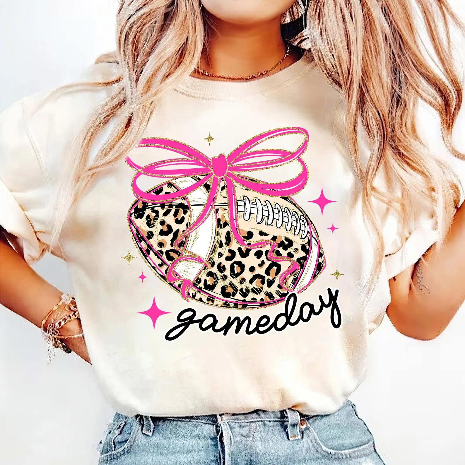 Pink & Leopard Football Game Day Graphic T-Shirt