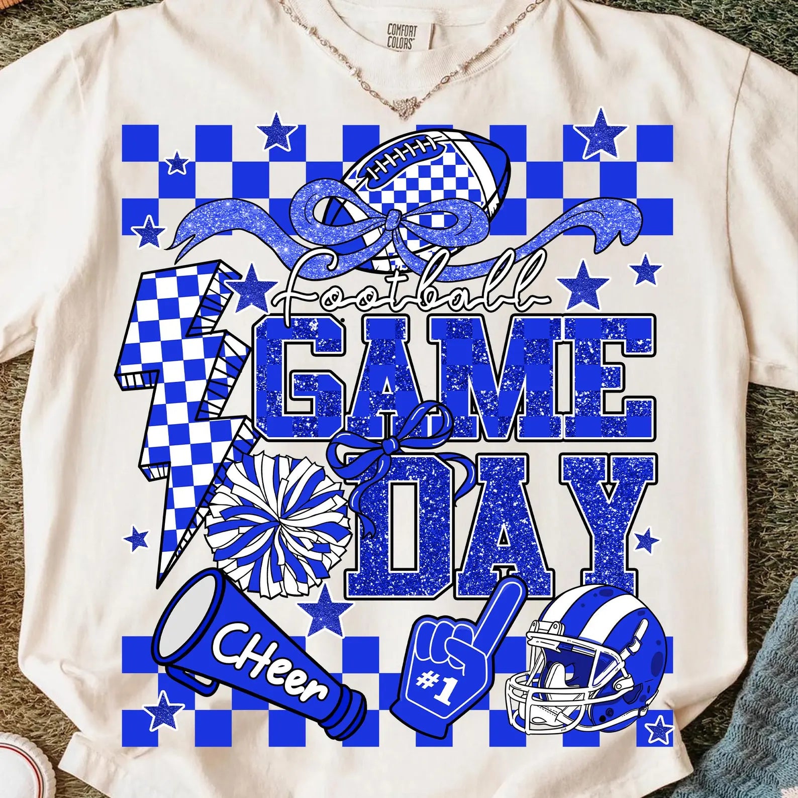 Blue Glitter Football Game Day Graphic T-Shirt
