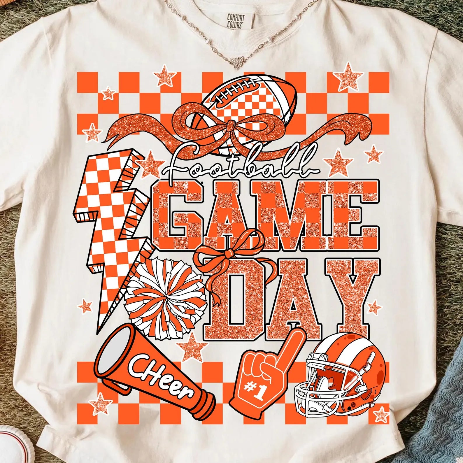 Orange Glitter Football Game Day Graphic T-Shirt