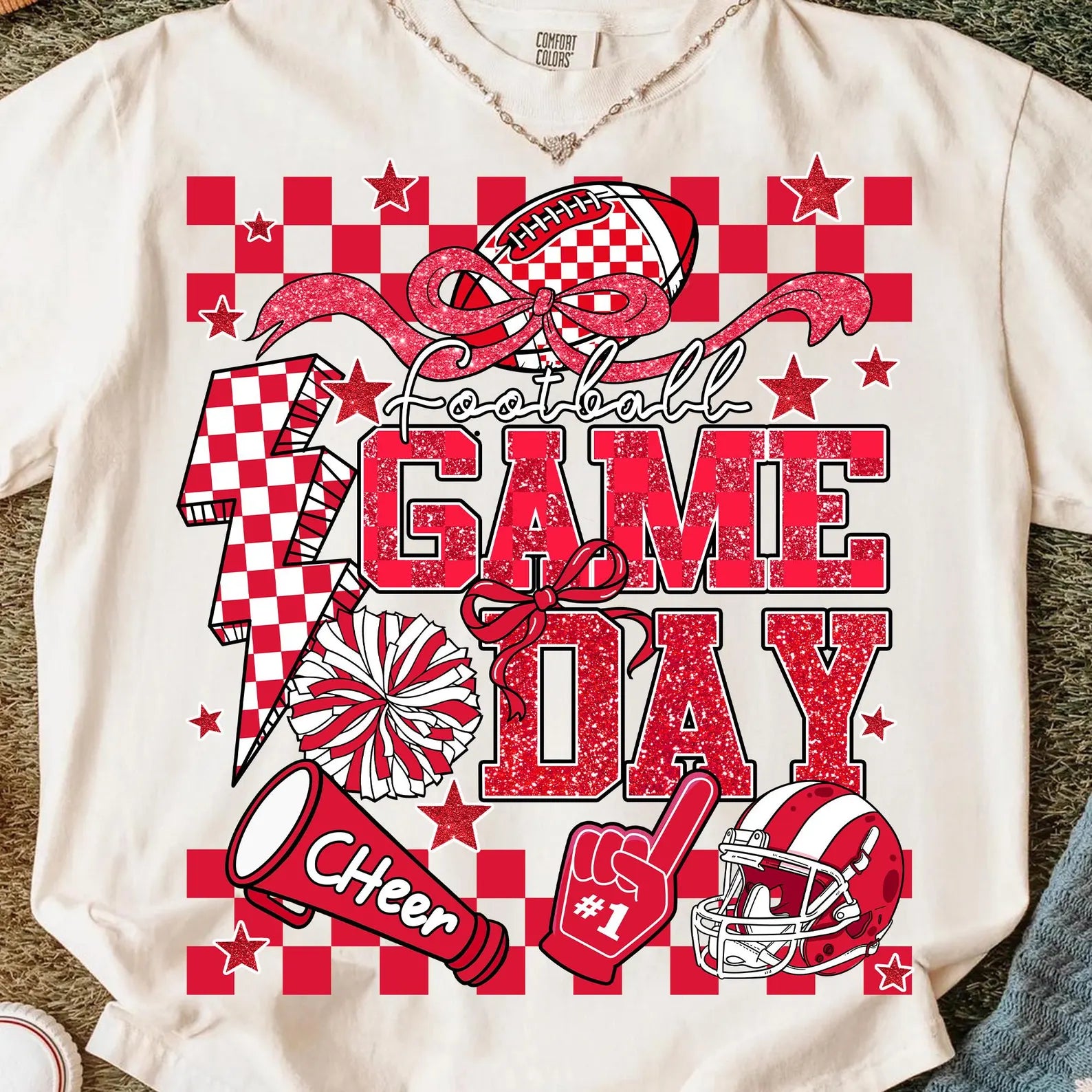 Red Glitter Football Game Day Graphic T-Shirt