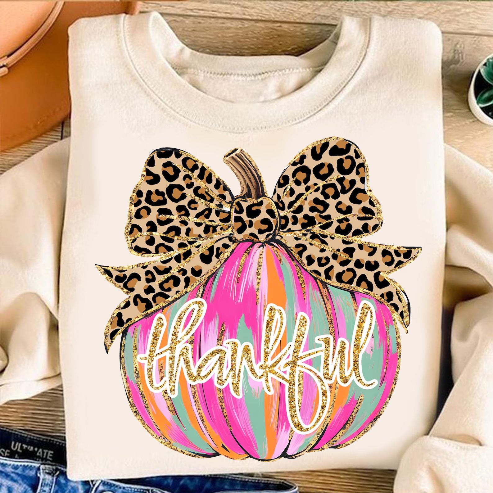 Preppy Leopard Thankful Graphic T-Shirt