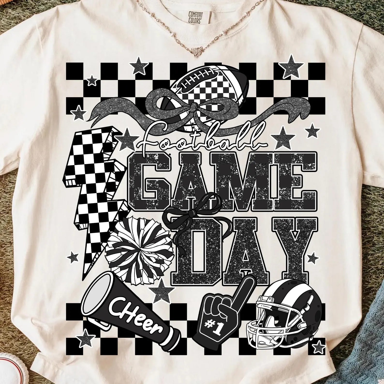Black Glitter Football Game Day Graphic T-Shirt