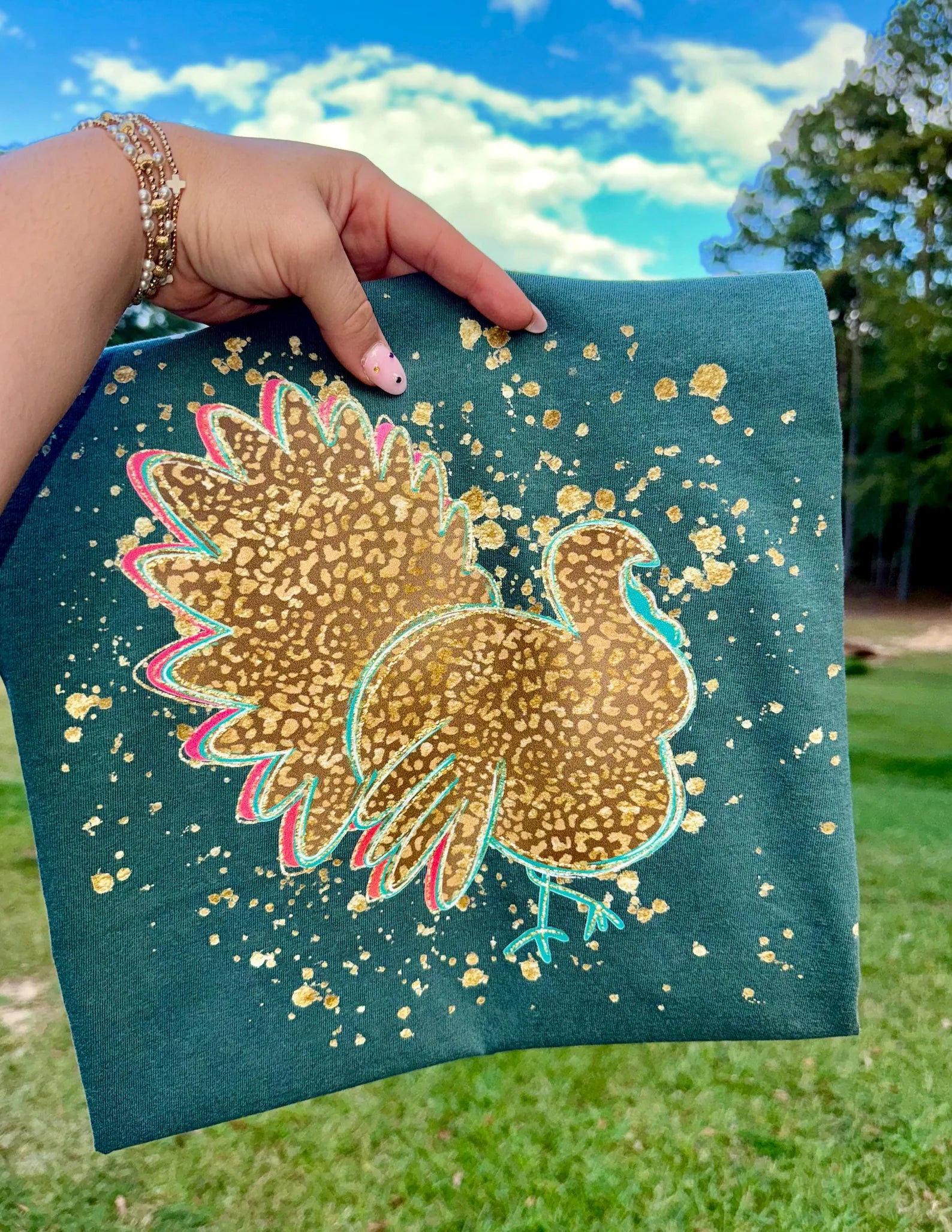 Splatter Painted Gold Leopard Turkey Graphic T-Shirt