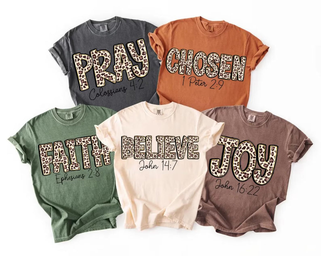 Leopard Pray, Faith, Joy, Believe, Chosen – Comfort Colors T-Shirt