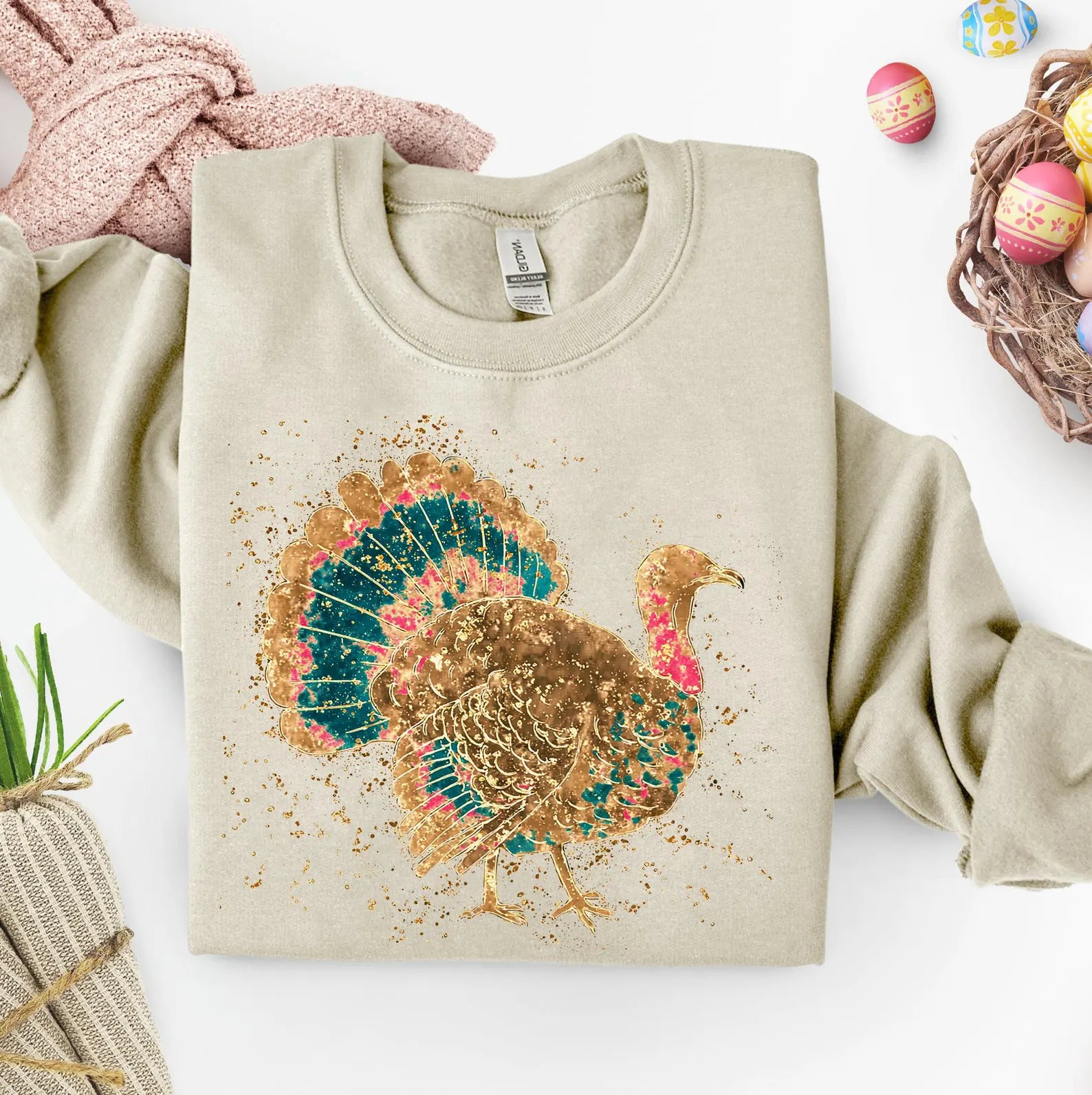 Preppy Fall Faux Glitter Splatter Turkey Graphic Sweatshirt