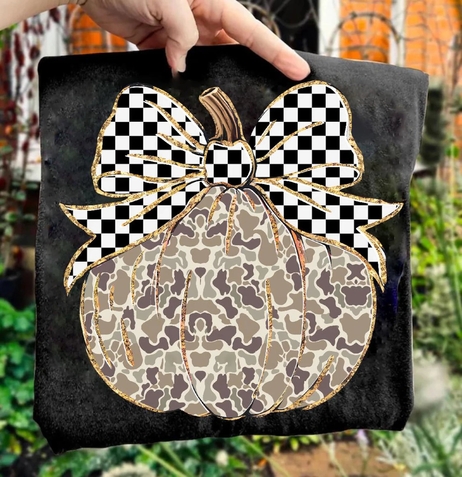 Camouflage Pumpkin with Checker Bow Graphic T-Shirt