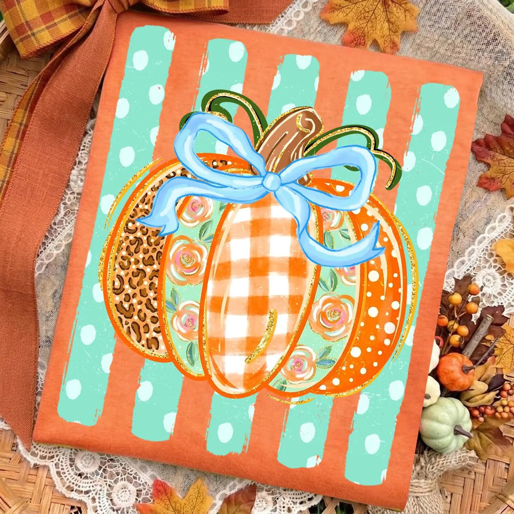 Mint Stripe Pumpkin Graphic T-Shirt - 3 Colors!