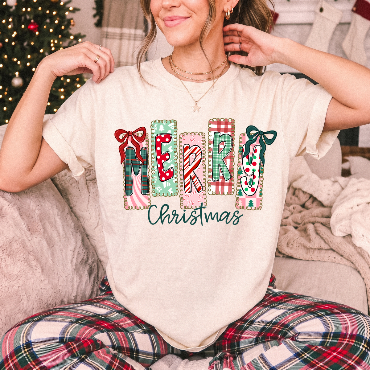Merry Christmas Doodle Blocks | Holiday Graphic Tee, Long Sleeve & Sweatshirt