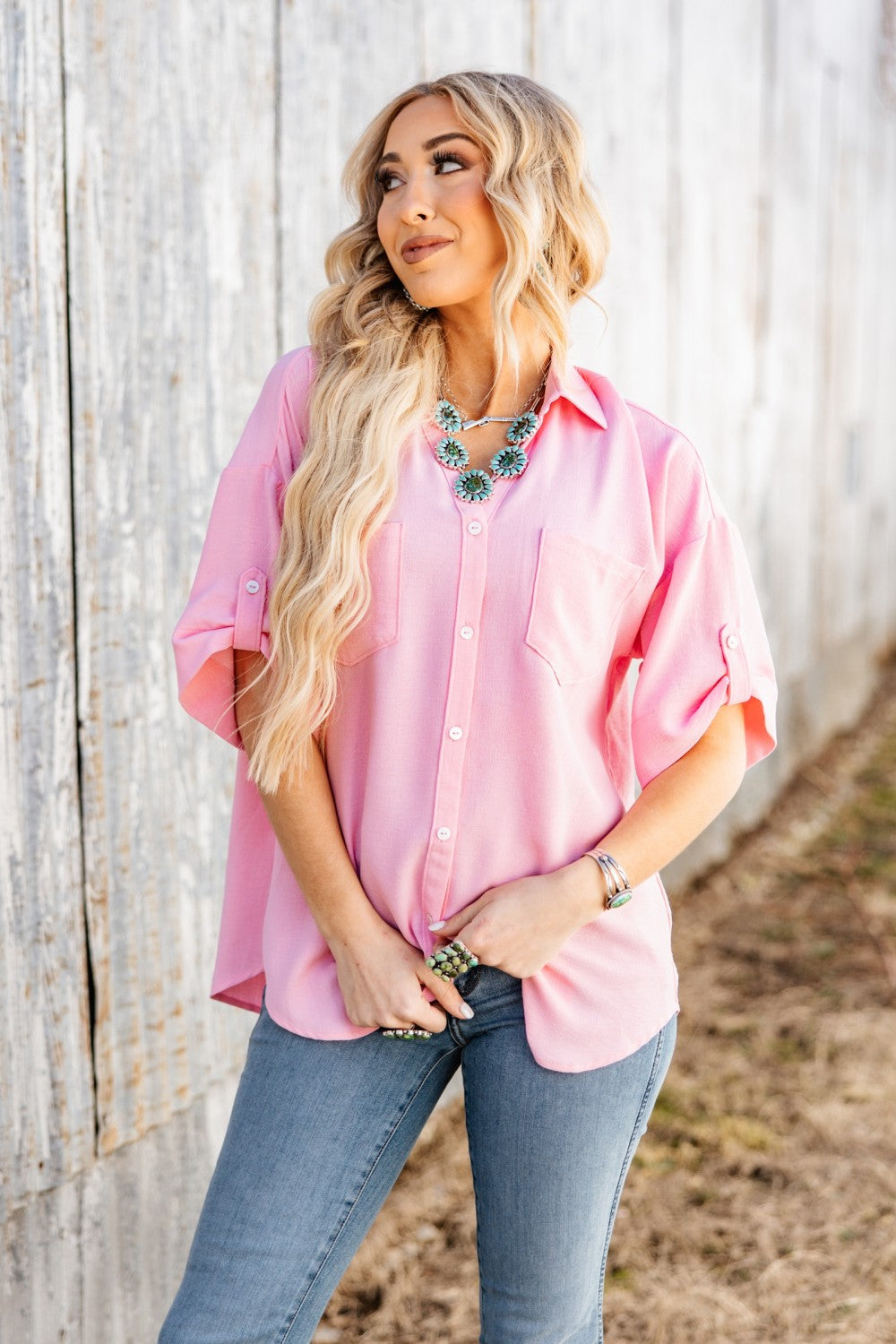 Everyday Adventures Blush Button Down Blouse