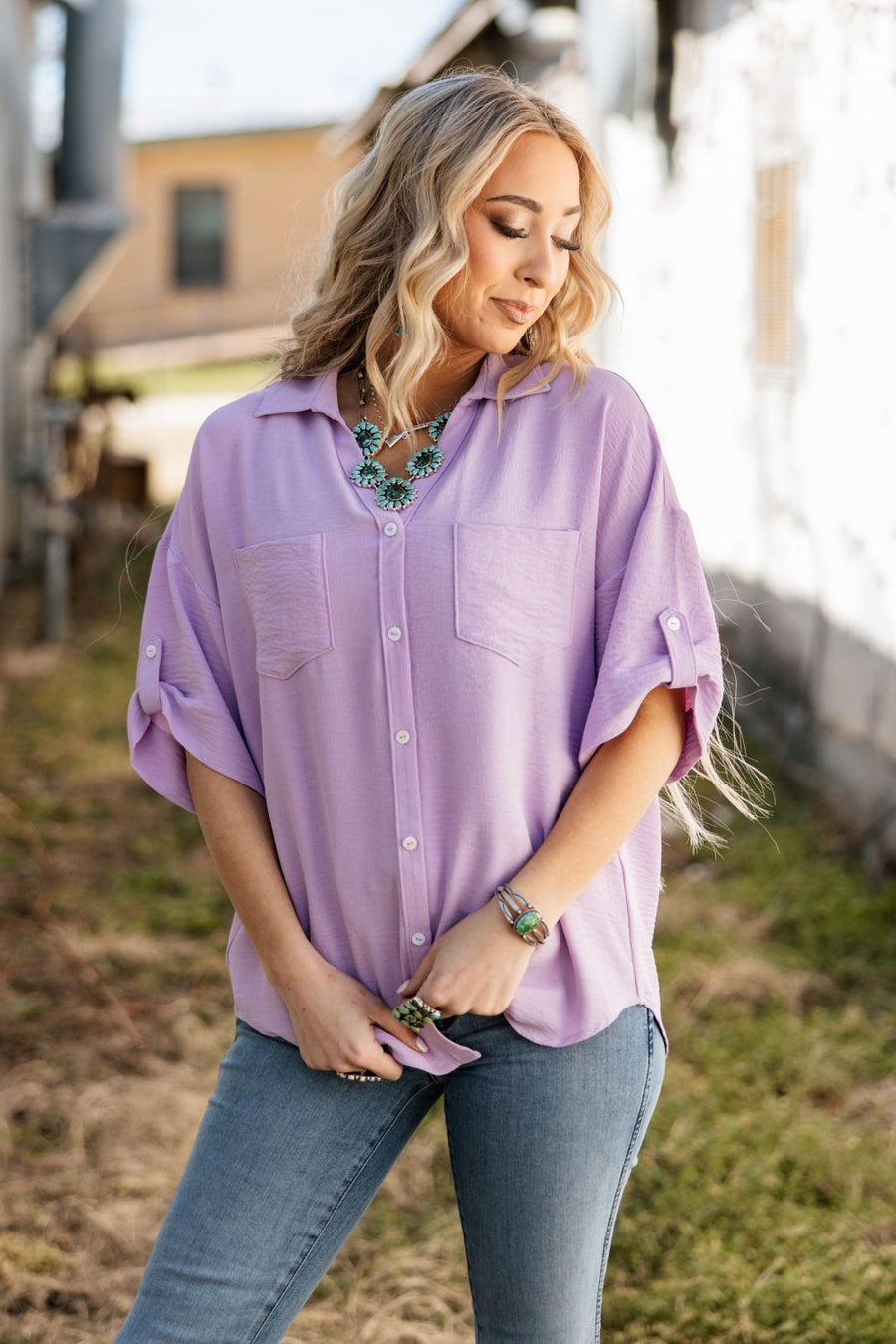 Everyday Adventures Lavender Button Down Blouse