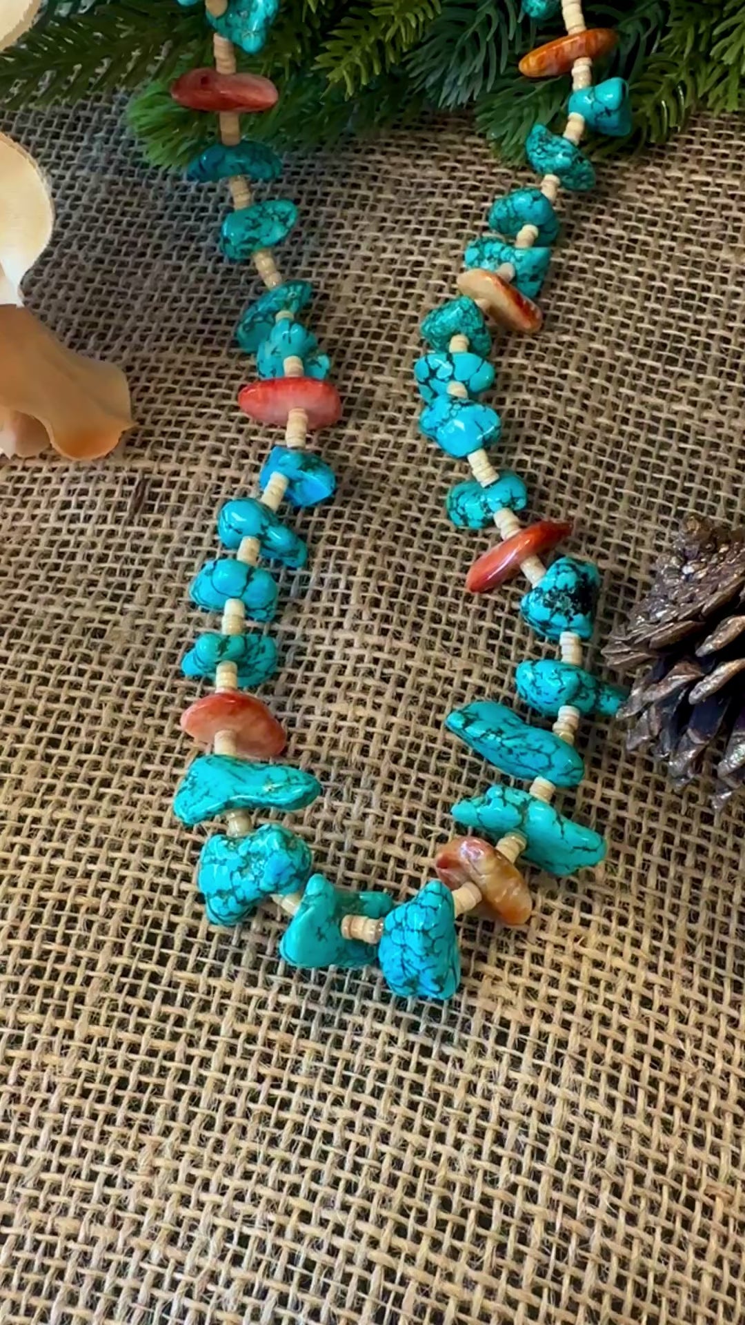 Navajo Sterling Silver Blue Turquoise & Orange Spiny Necklace 28”