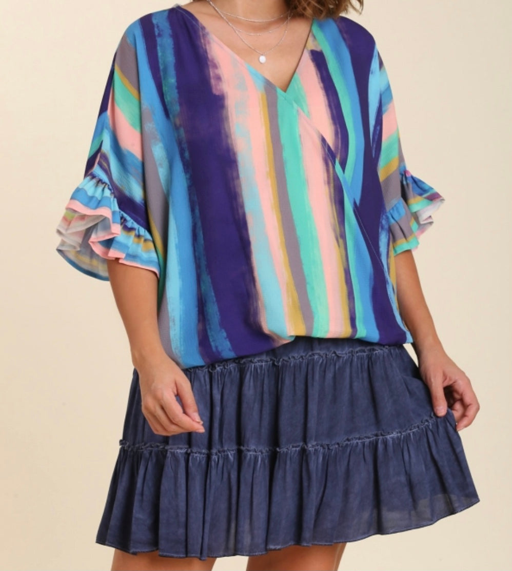 Mixed Print Tops High Low Hem