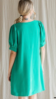 Solid V-Neck Puff Sleeve Dress with Pockets