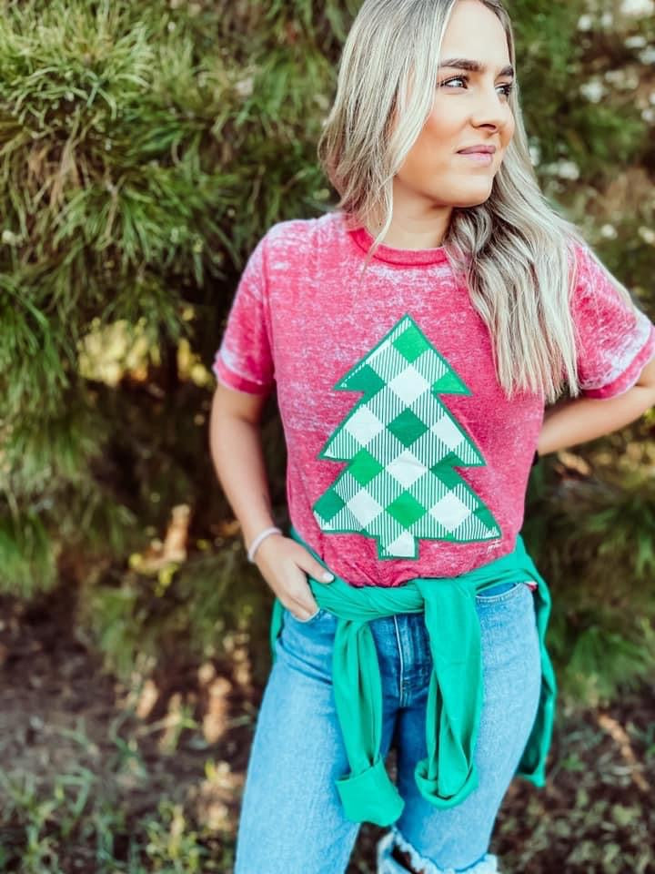Plaid Christmas Tree Distressed Tee