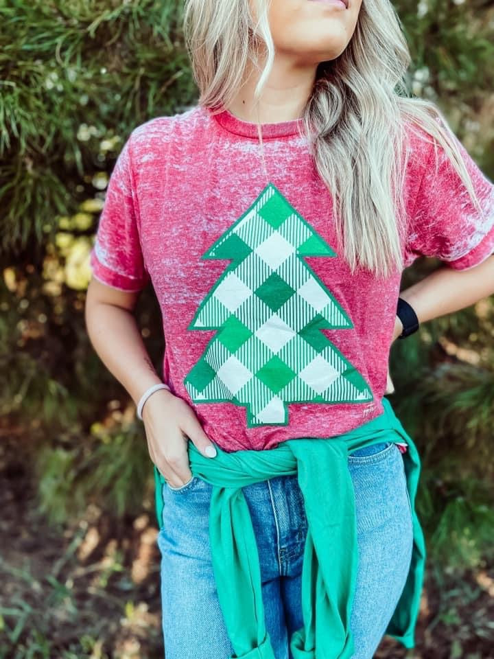 Plaid Christmas Tree Distressed Tee