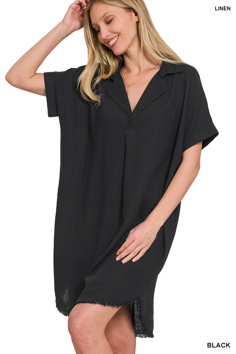 Linen Frayed Hem Shirt Dress